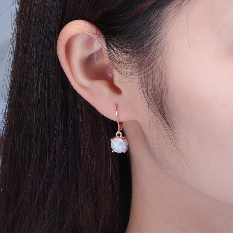 CiNily Rose Gold Plated Opal Drop Earrings,Leverback Hypoallergenic Dangle Earrings for Women Round-Cut Gemstone Opal Jewlery Gift - Image 3
